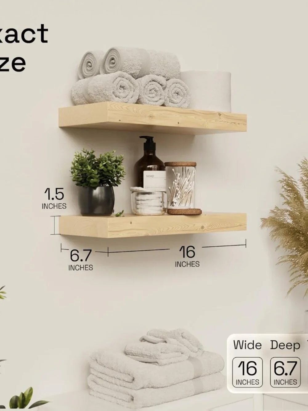 Moisture-Resistant 16 Inch Wooden Floating Shelves - Easy Installation Set